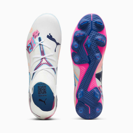 Botines de fútbol PUMA Future 7 Match Volume UP FG/AG para múltiples superficies - Blanco/Azul/Rosa