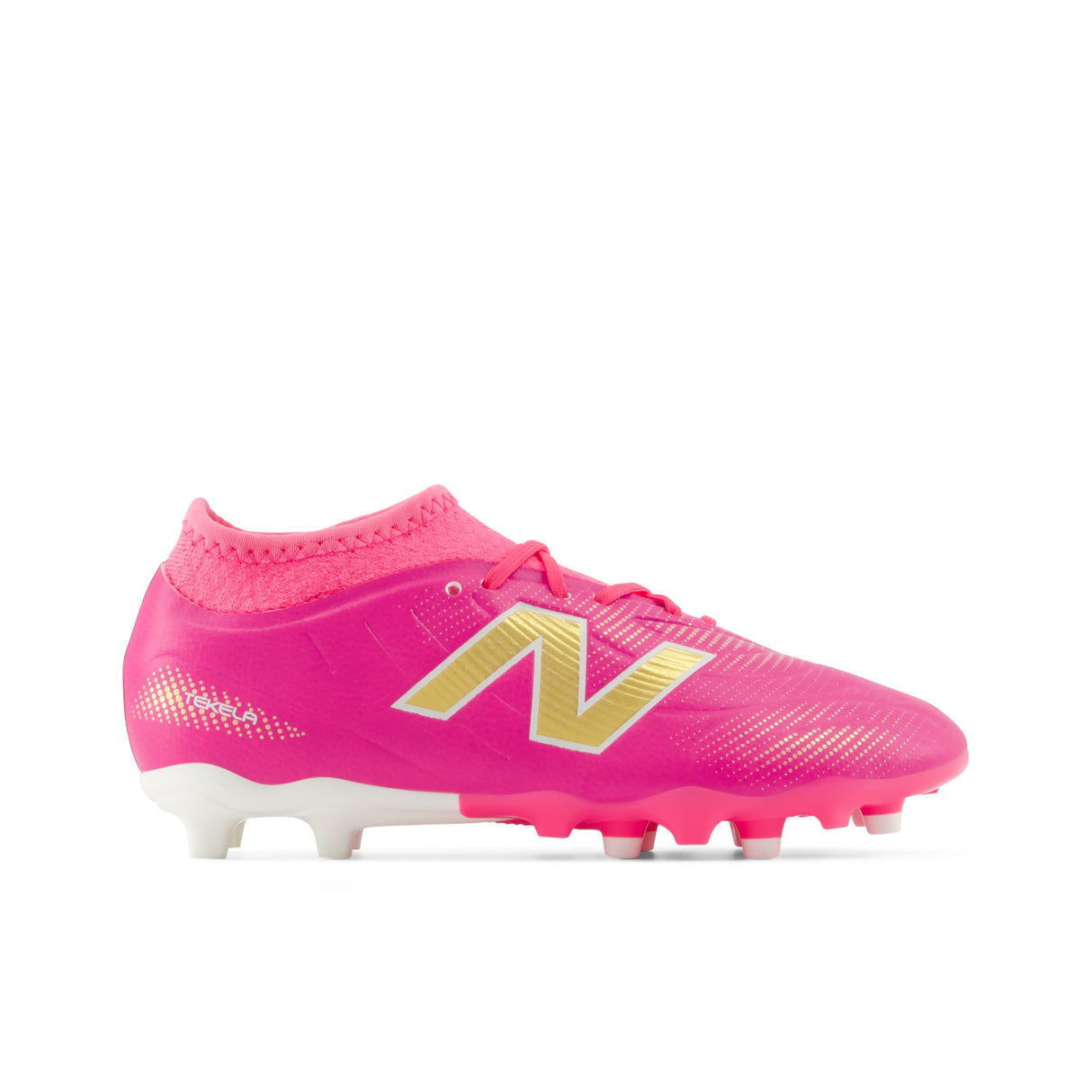 Tacos de fútbol juvenil New Balance Tekela Team Low V5 FG para terreno firme - Rosa Caliente