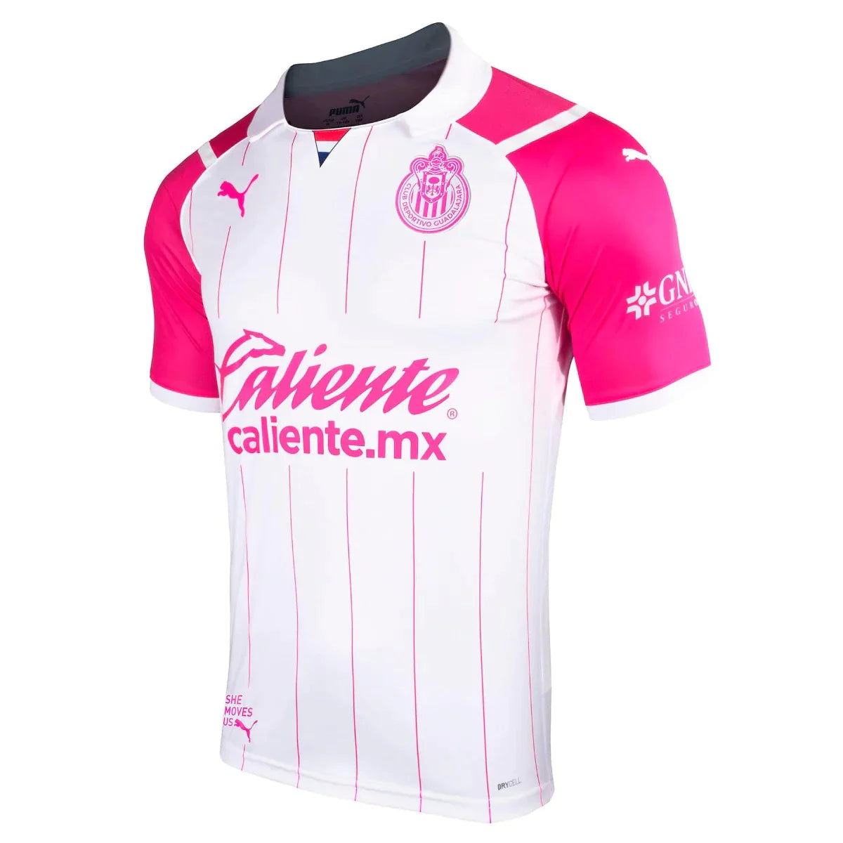 Camiseta de la tercera equipación de PUMA Chivas 21, color blanco y rosa